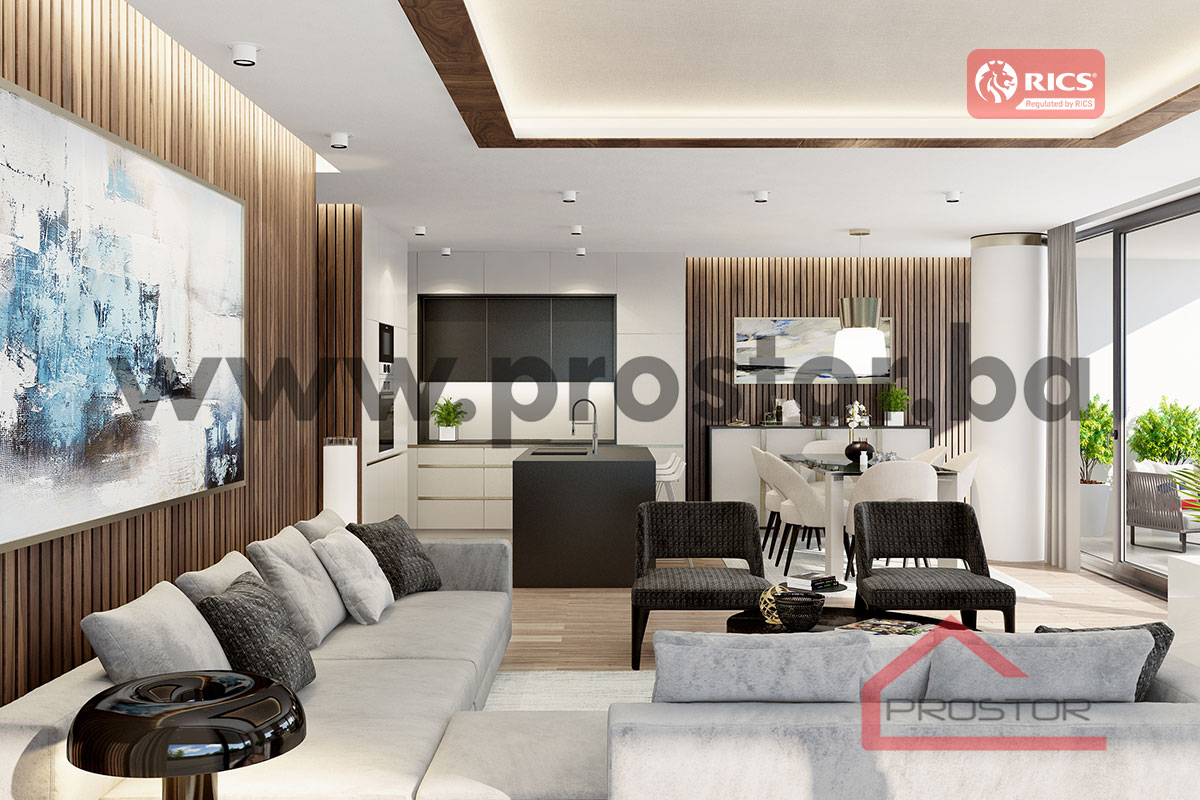 2 Render dnevni boravak sa kuhinjom i trpezarijom